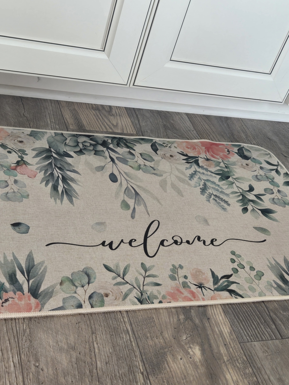 Floral 'Welcome' Door Mat with Watercolor Green and Coral Accents - Picture 3 of 4